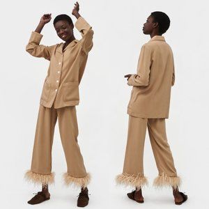 Sleeper Party Pajamas 2 Piece Set Detachable Ostrich Feathers Beige XL 14 NWT